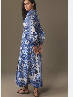 FARM RIO Sz XS Off-White Blue Flora Tapestry Maxi Dress Boho Resortwear Linen